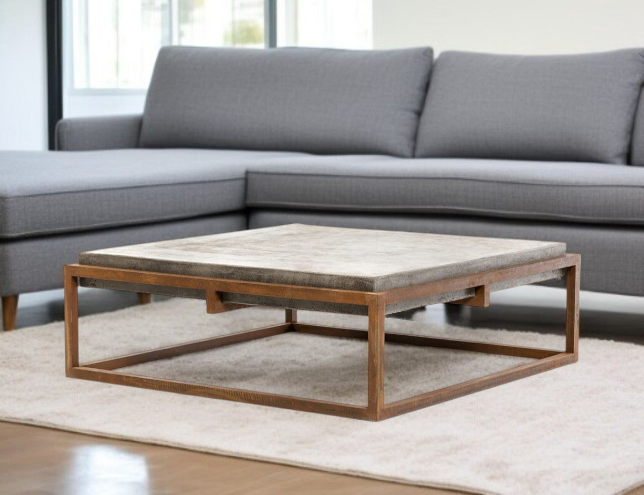 42" Dark Gray and Rust Concrete And Iron Square Abstract Coffee Table-0