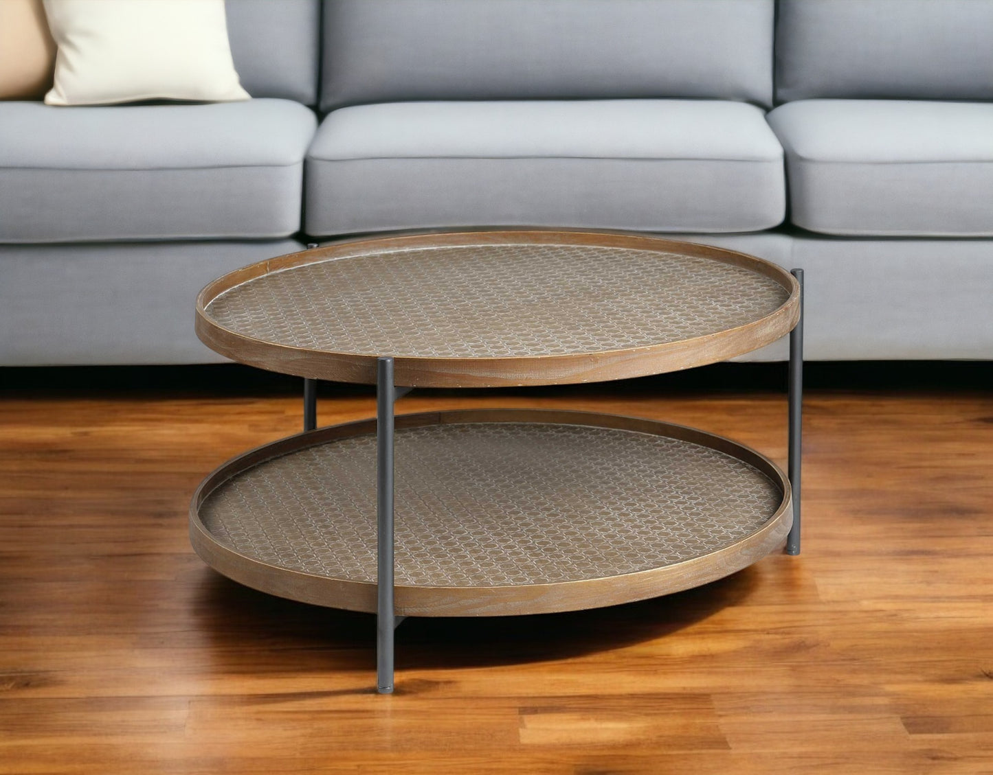 33" Brown and Black Solid Wood and Iron Round Coffee Table With Shelf-0