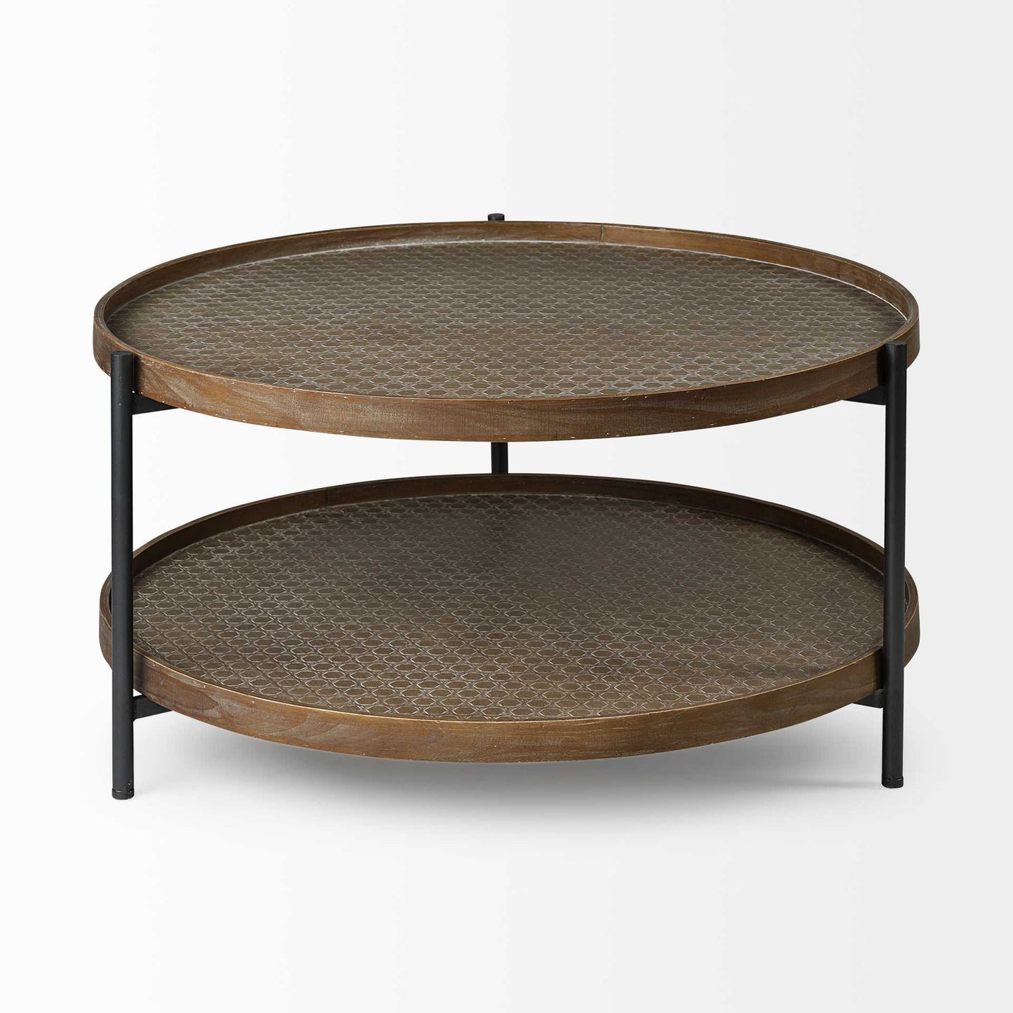 33" Brown and Black Solid Wood and Iron Round Coffee Table With Shelf-2