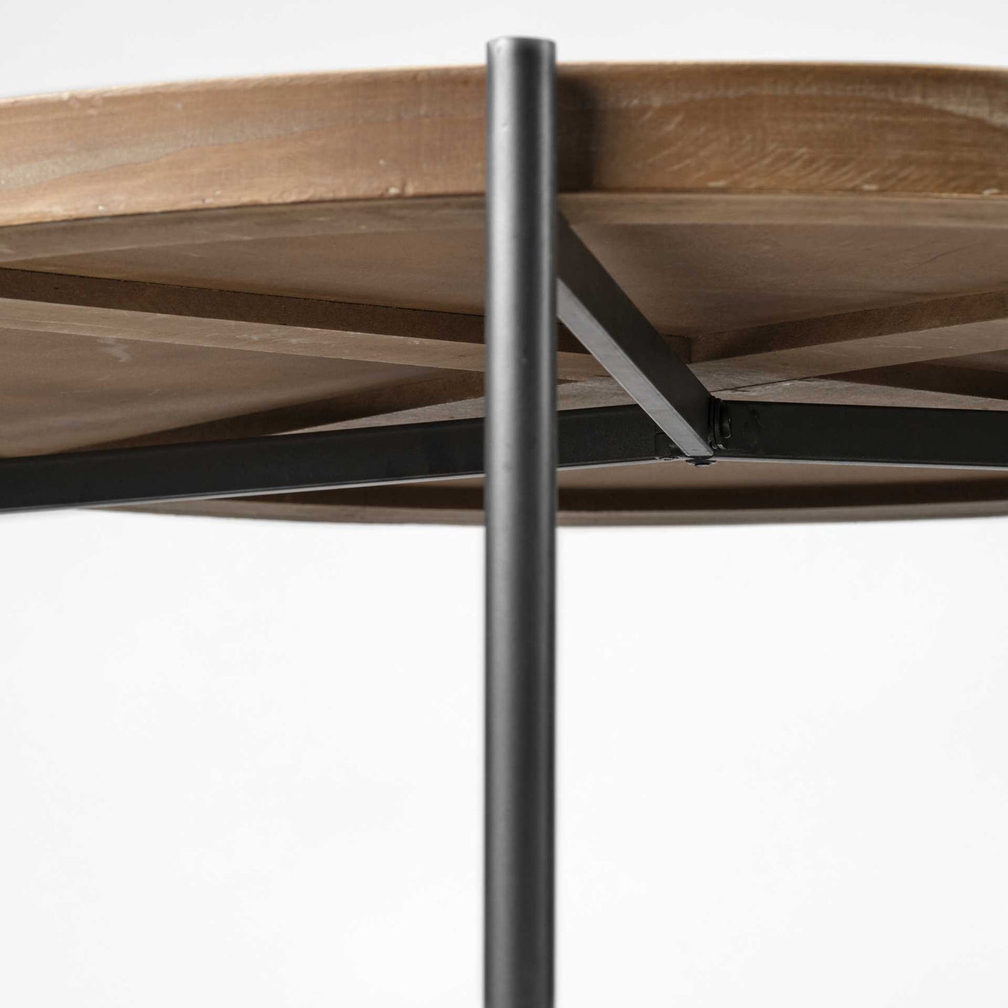 33" Brown and Black Solid Wood and Iron Round Coffee Table With Shelf-4
