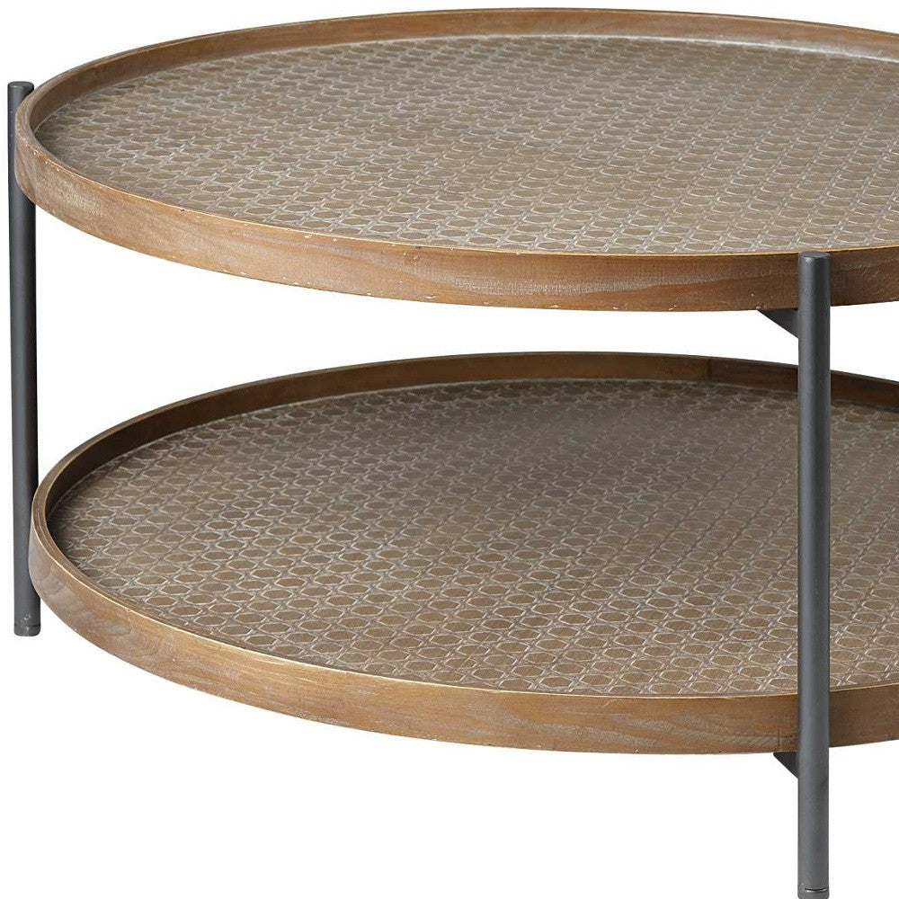 33" Brown and Black Solid Wood and Iron Round Coffee Table With Shelf-6