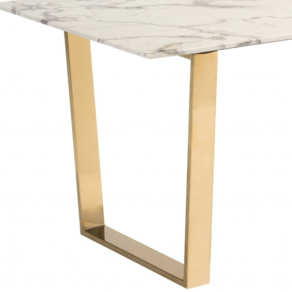 71" White And Gold Faux Marble And Steel Sled Base Dining Table-5