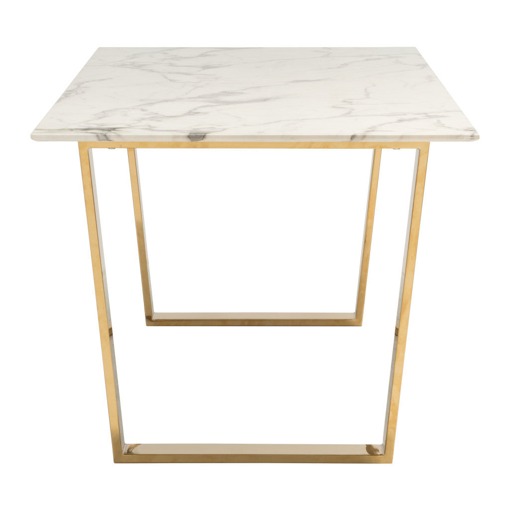 71" White And Gold Faux Marble And Steel Sled Base Dining Table-2