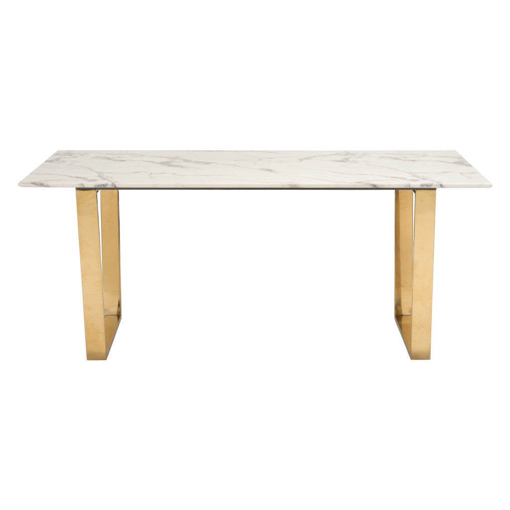71" White And Gold Faux Marble And Steel Sled Base Dining Table-3