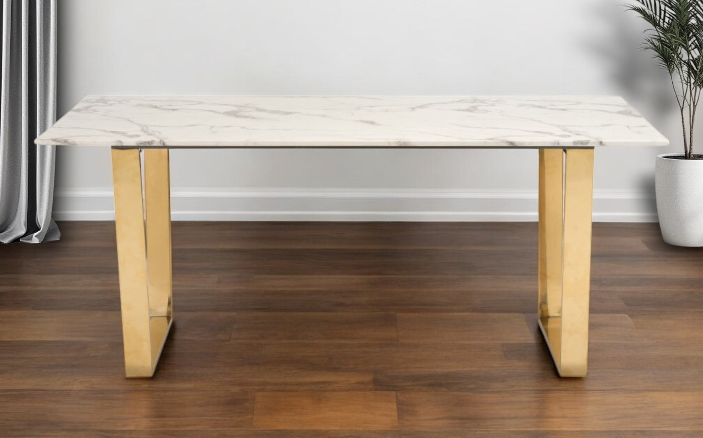 71" White And Gold Faux Marble And Steel Sled Base Dining Table-1