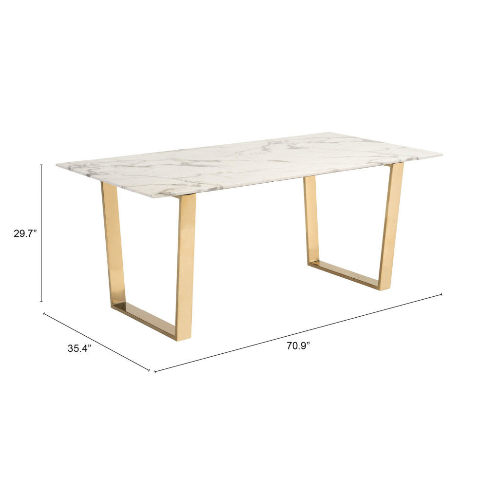 71" White And Gold Faux Marble And Steel Sled Base Dining Table-8