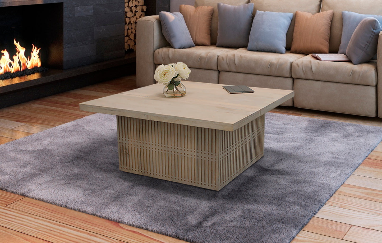 40" Ivory Solid Wood Lift Top Pedestal Coffee Table-7
