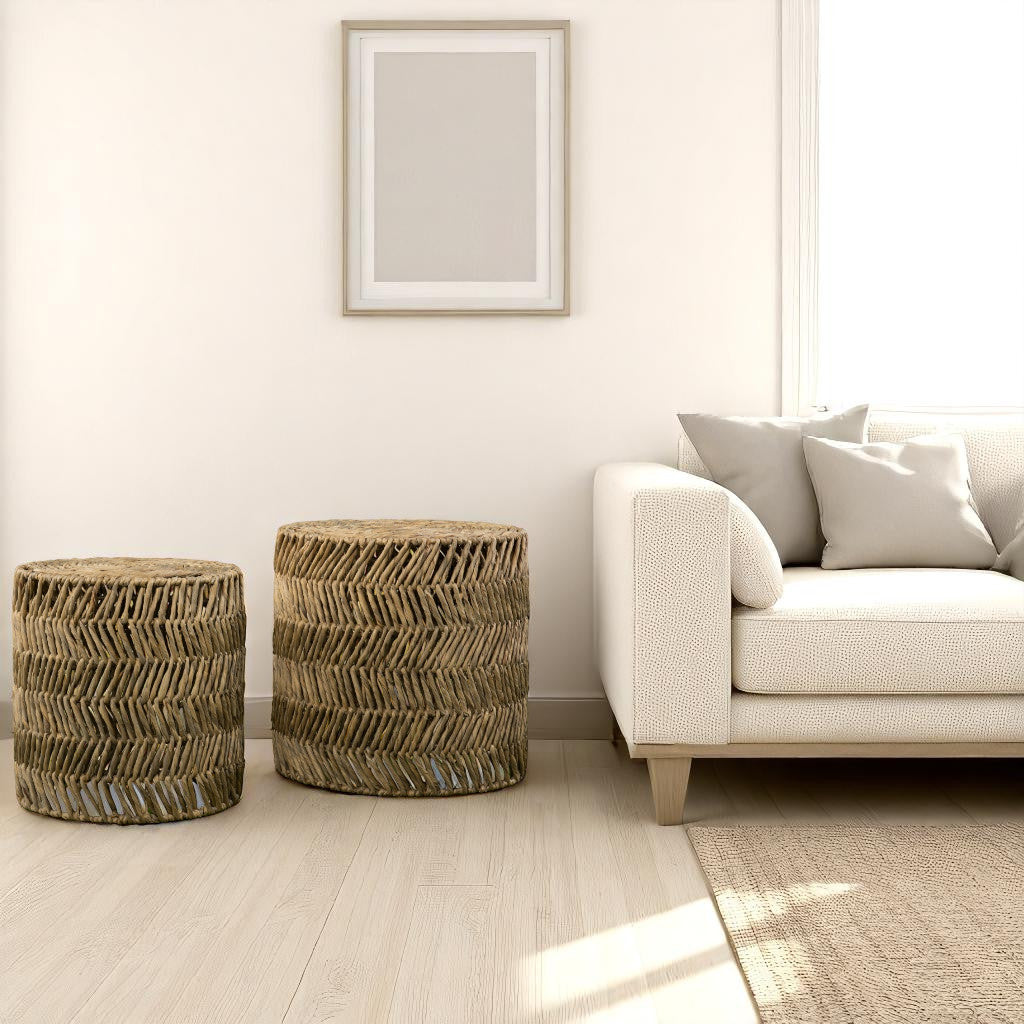 Set Of Two 18" Natural Woven Rattan End Tables-0