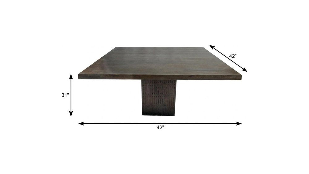 Perry 42-inch square dining table in brown mango wood with a ribbed pedestal base, additional view