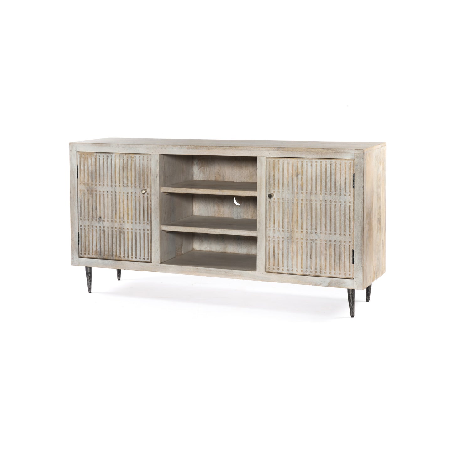 60" Ivory Carved Geometric Distressed Solid Wood Enclosed and Open Storage TV Stand-2