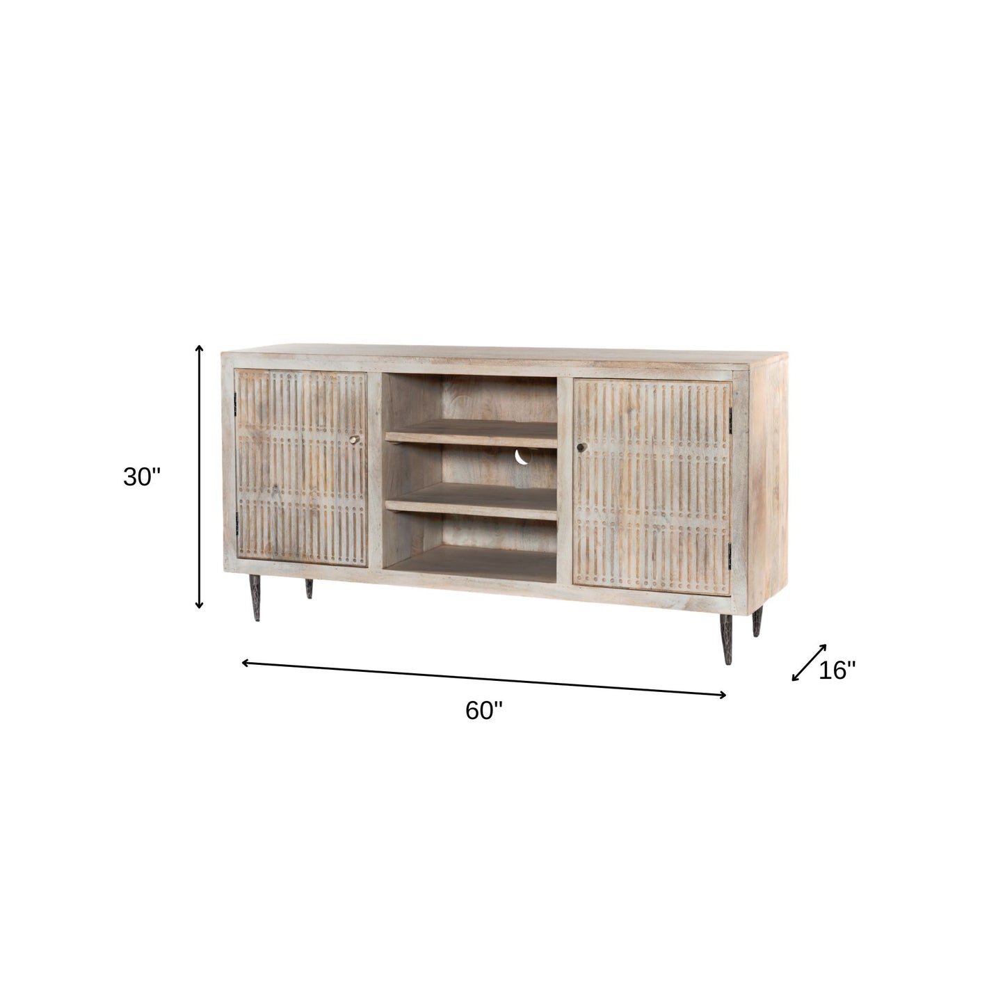 60" Ivory Carved Geometric Distressed Solid Wood Enclosed and Open Storage TV Stand-8