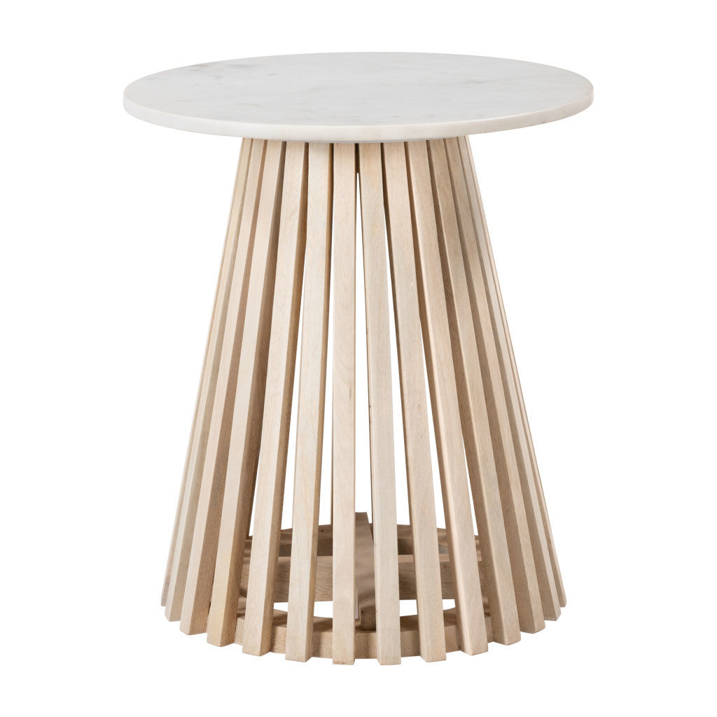 20" White and Natural Distressed Marble and Solid Wood Round Pedestal End Table-0
