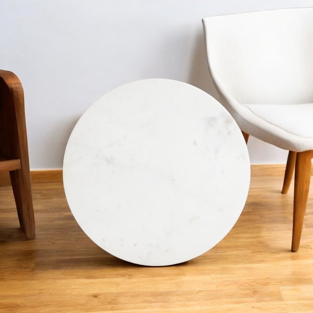 20" White and Natural Distressed Marble and Solid Wood Round Pedestal End Table-1