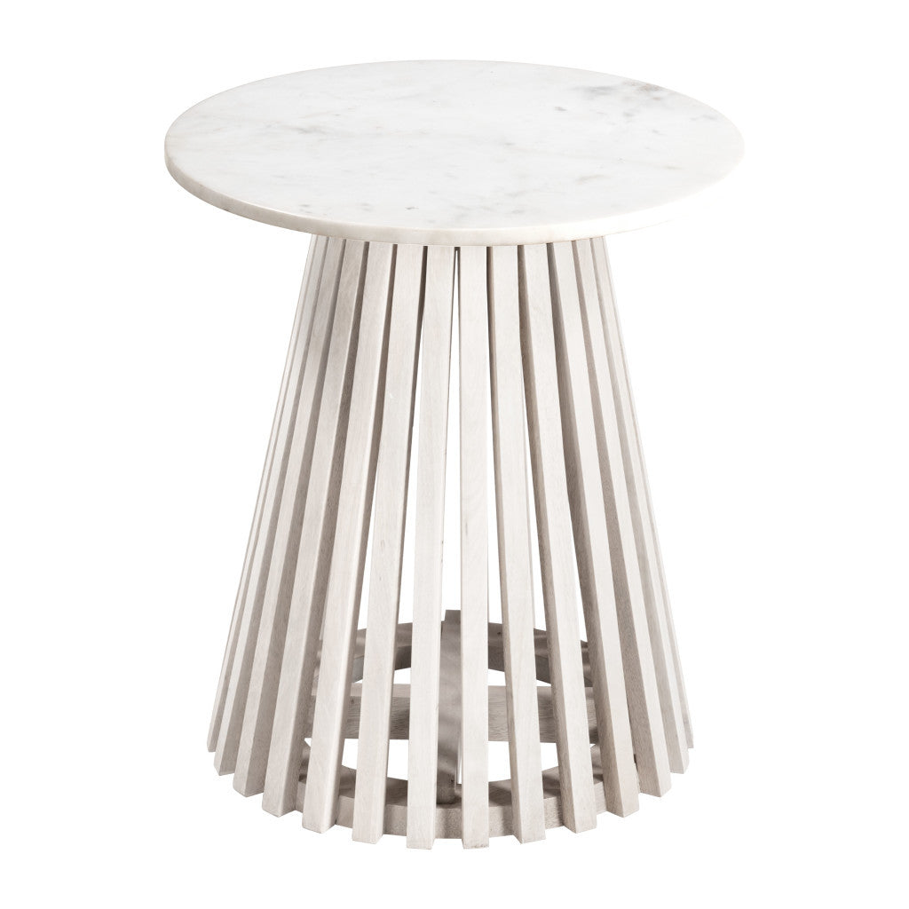 20" White and Natural Distressed Marble and Solid Wood Round Pedestal End Table-4