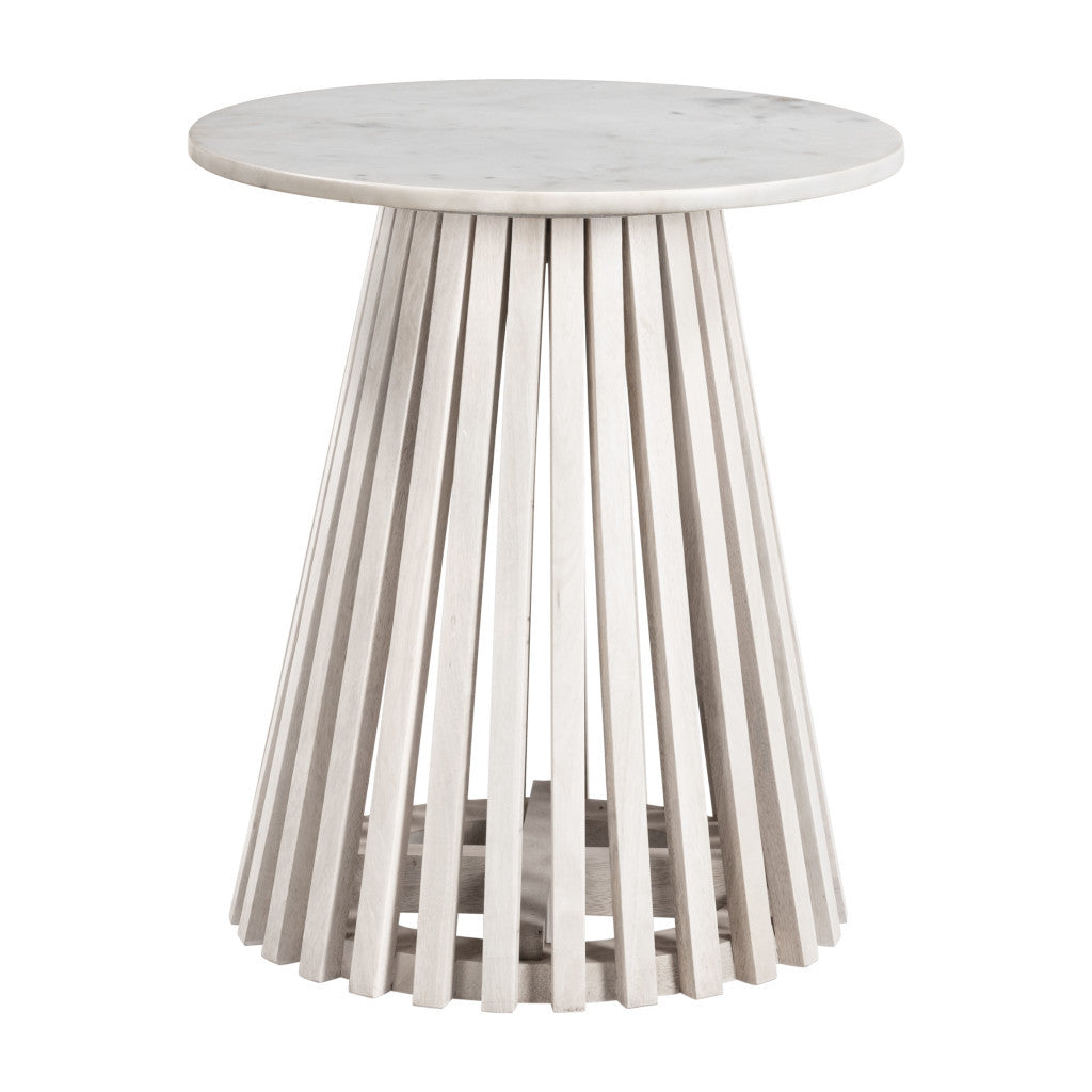 20" White and Natural Distressed Marble and Solid Wood Round Pedestal End Table-6