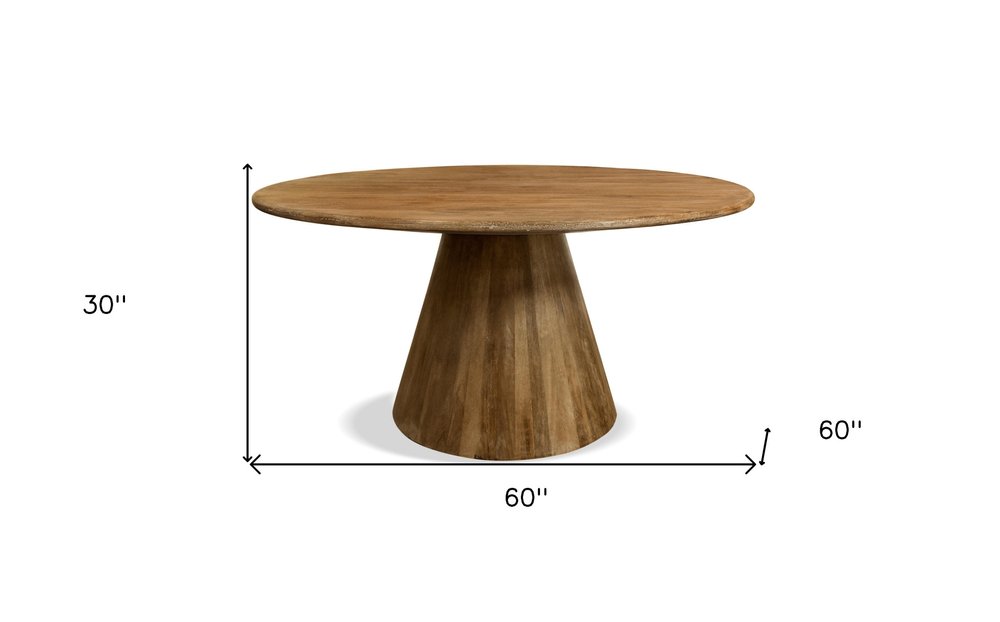 Rowan 60-inch round dining table in natural distressed solid wood on a pedestal base, additional view