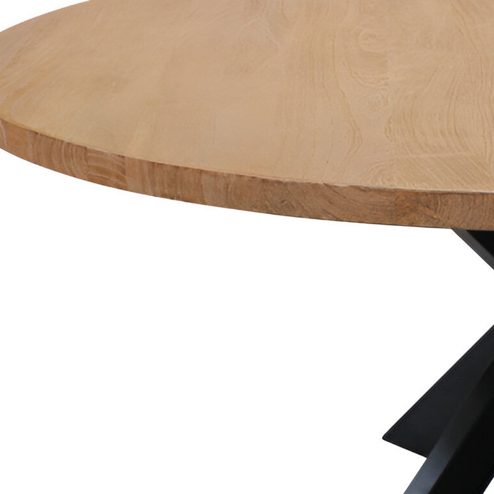 60" Natural And Black Rounded Solid Wood And Iron Pedestal Base Dining Table-5