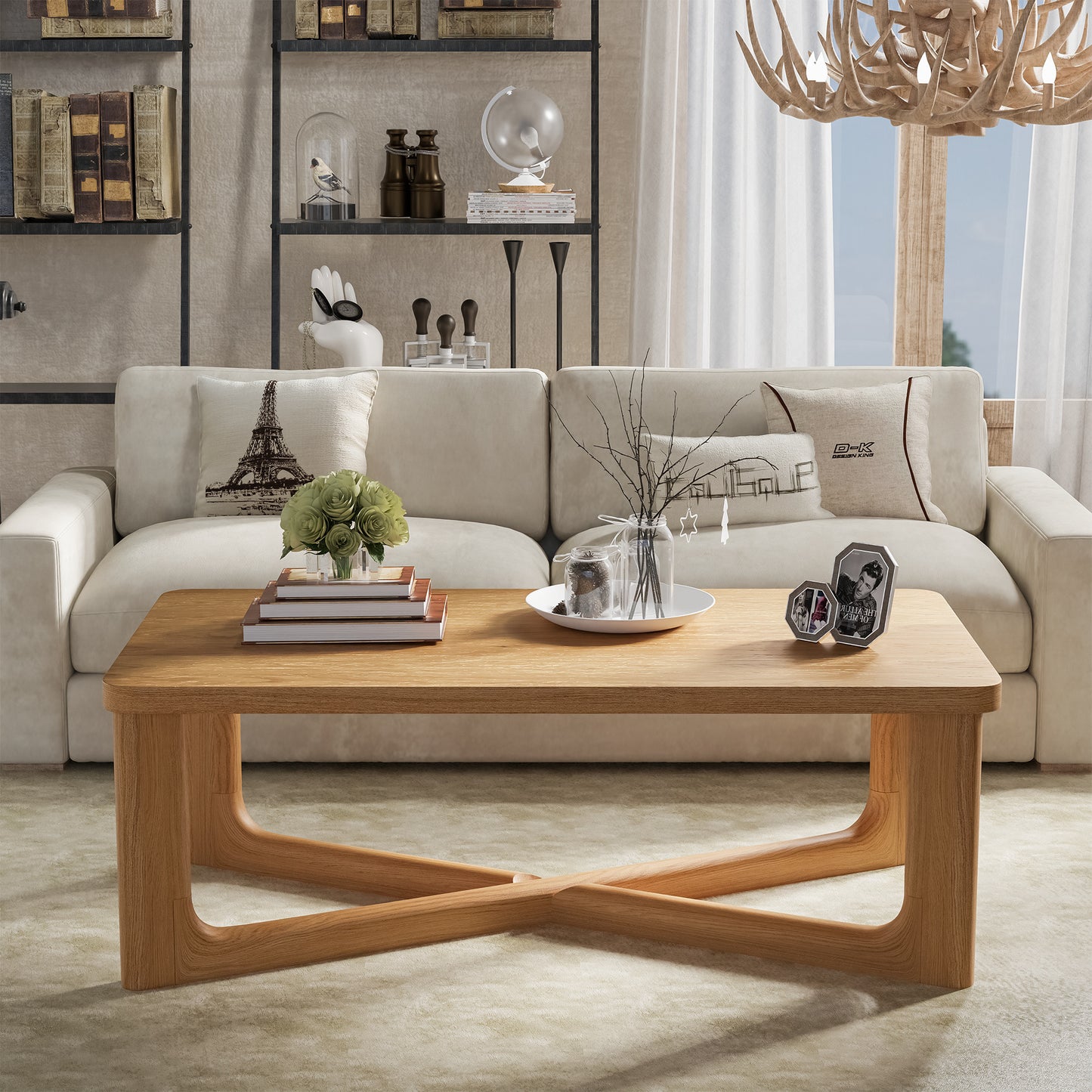 50" Natural Solid Wood Cross Legs Coffee Table-5