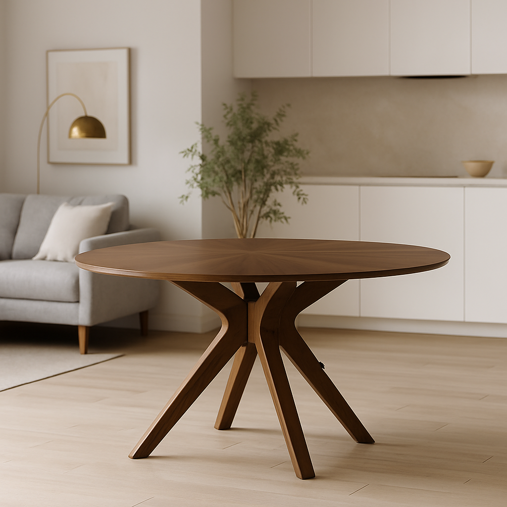 59'' Round Brown Wood Dining Table – Sculpted Pedestal Base, Seats 6