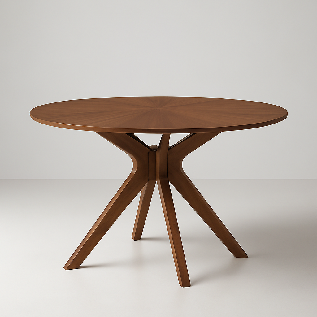59'' Round Brown Wood Dining Table – Sculpted Pedestal Base, Seats 6