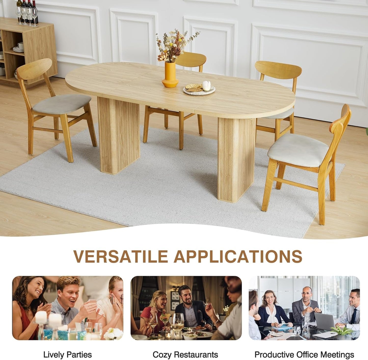 70.8 Inch Kitchen Dining Table for 4-6 People, Oval Kitchen Table with Wood Strip Base, Modern Farmhouse Large round Dining Room Tables for Kitchen Living Room (Natural)-4