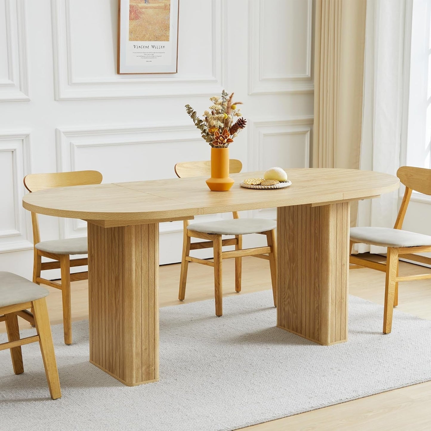 70.8 Inch Kitchen Dining Table for 4-6 People, Oval Kitchen Table with Wood Strip Base, Modern Farmhouse Large round Dining Room Tables for Kitchen Living Room (Natural)-2