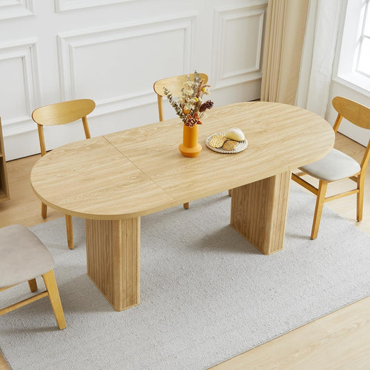 70.8 Inch Kitchen Dining Table for 4-6 People, Oval Kitchen Table with Wood Strip Base, Modern Farmhouse Large round Dining Room Tables for Kitchen Living Room (Natural)-0