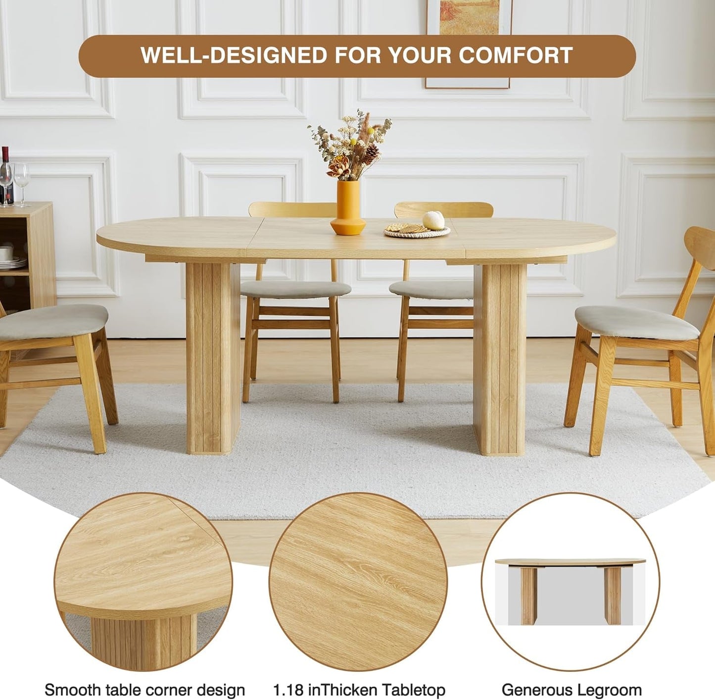 70.8 Inch Kitchen Dining Table for 4-6 People, Oval Kitchen Table with Wood Strip Base, Modern Farmhouse Large round Dining Room Tables for Kitchen Living Room (Natural)-3