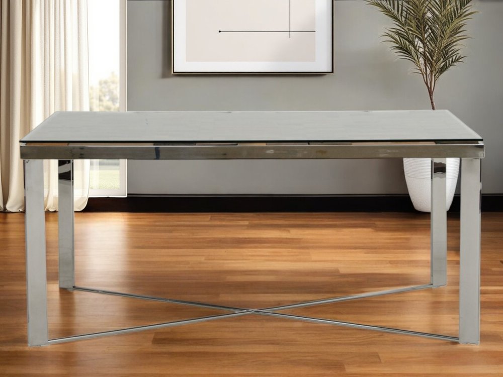 Mercer 80-inch glass dining table on a silver wood and stainless steel trestle base