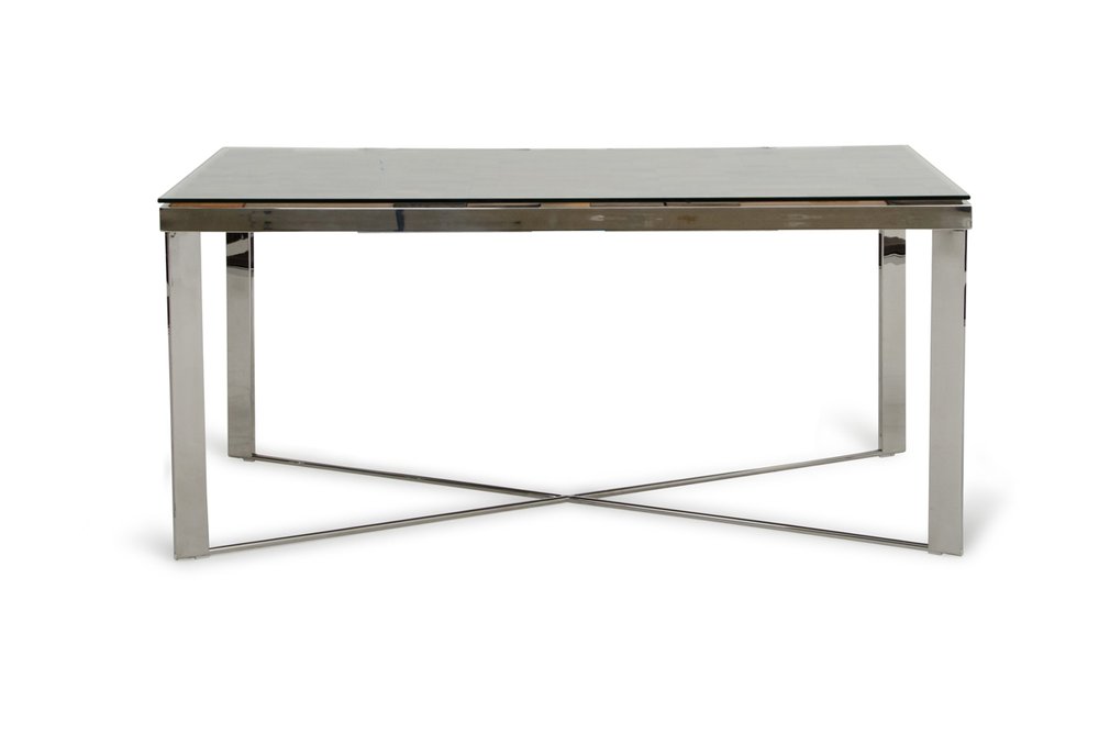 Mercer 80-inch glass dining table on a silver wood and stainless steel trestle base, additional view