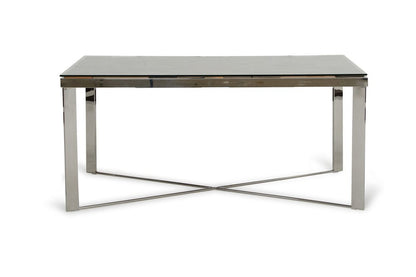 Mercer 80-inch glass dining table on a silver wood and stainless steel trestle base, additional view