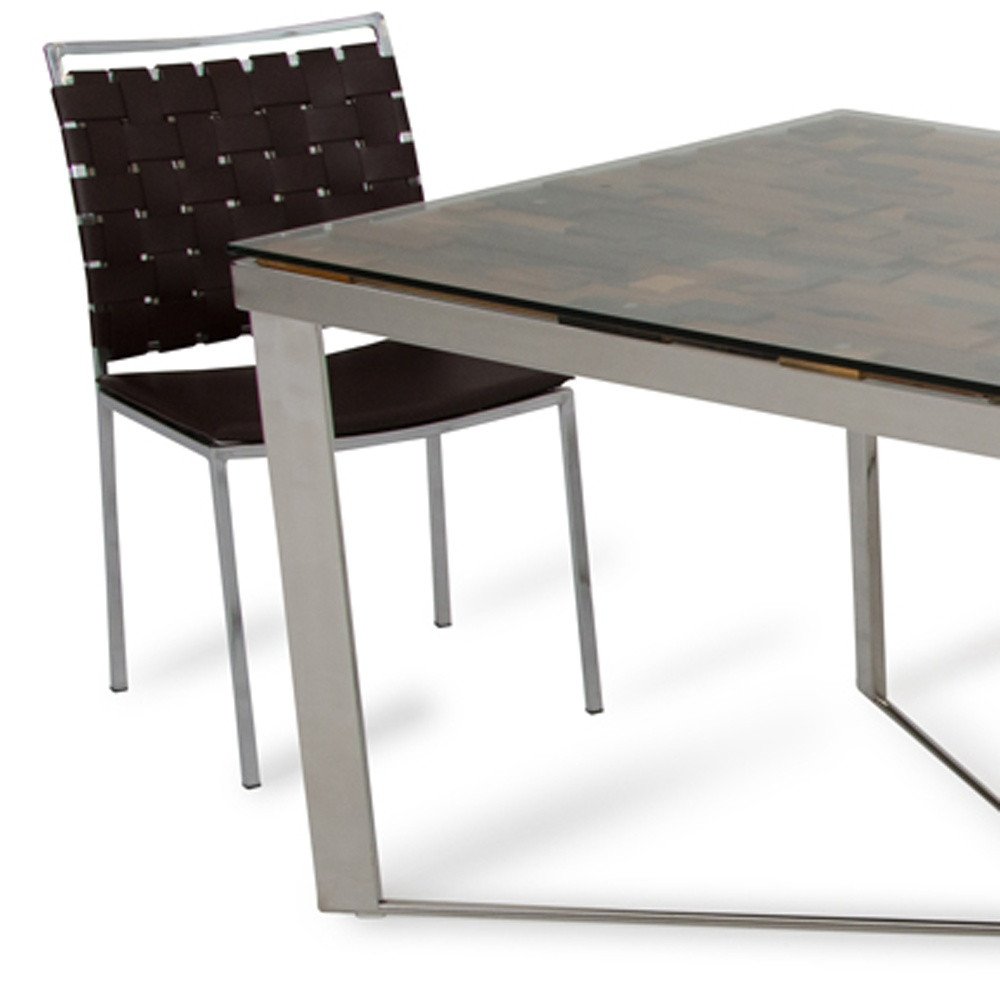 Mercer 80-inch glass dining table on a silver wood and stainless steel trestle base, additional view
