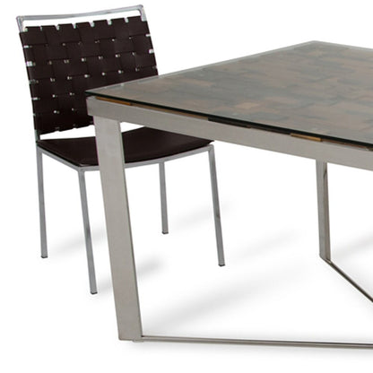 Mercer 80-inch glass dining table on a silver wood and stainless steel trestle base, additional view