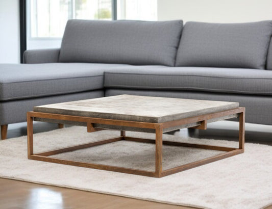 42" Dark Gray and Rust Concrete And Iron Square Abstract Coffee Table-0