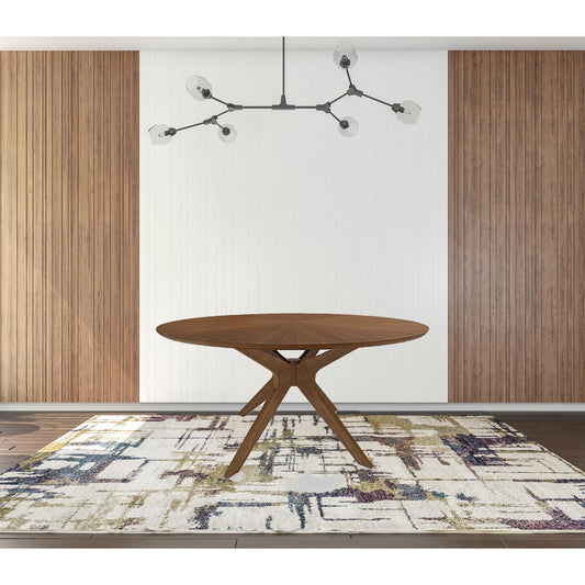59" Round Dining Table – Brown Wood Finish with Sculpted Pedestal Base