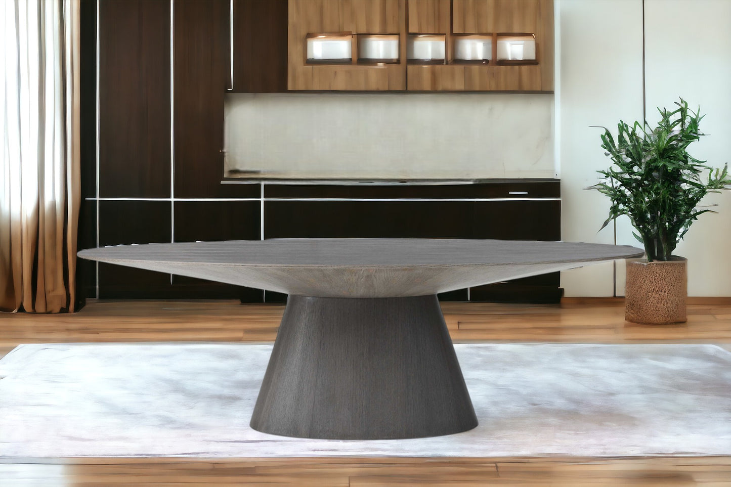 95" Gray Rounded Solid Wood Pedestal Base Dining Table-0