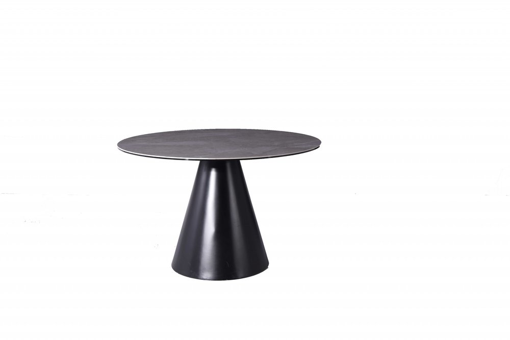 Sloane 47-inch round dining table with a grey stone top on an iron pedestal base, additional view