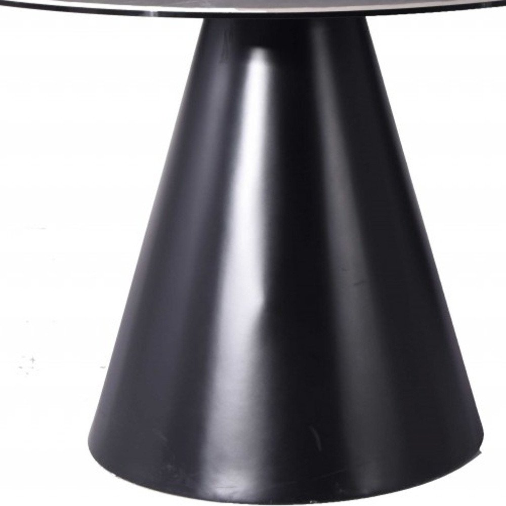 Sloane 47-inch round dining table with a grey stone top on an iron pedestal base, additional view