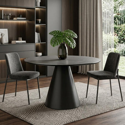 Sloane 47-inch round dining table with a grey stone top on an iron pedestal base