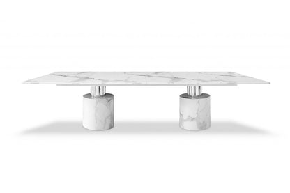 Belmont 120-inch white marble dining table with a stainless steel double pedestal base, additional view