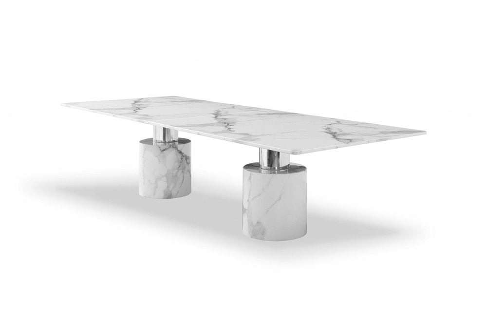 Belmont 120-inch white marble dining table with a stainless steel double pedestal base, additional view