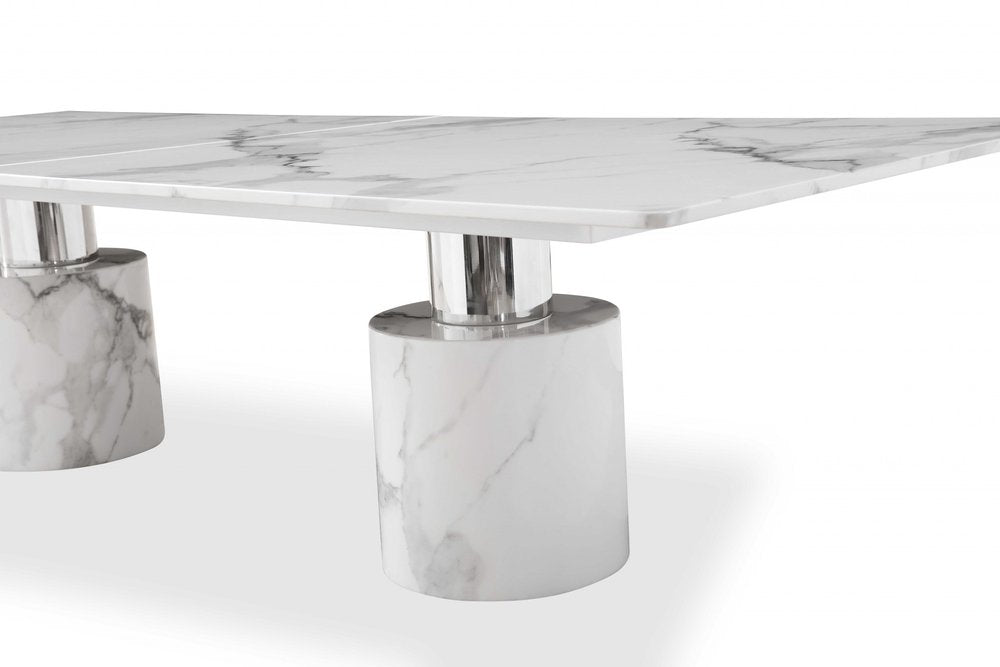 Belmont 120-inch white marble dining table with a stainless steel double pedestal base, additional view