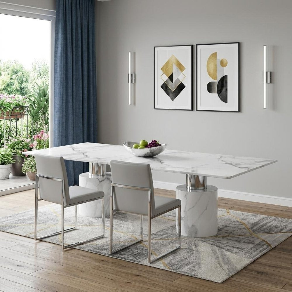 Belmont 120-inch white marble dining table with a stainless steel double pedestal base