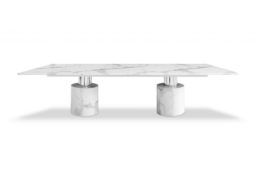 Belmont 120-inch white marble dining table with a stainless steel double pedestal base, additional view