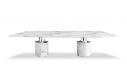 Belmont 120-inch white marble dining table with a stainless steel double pedestal base, additional view
