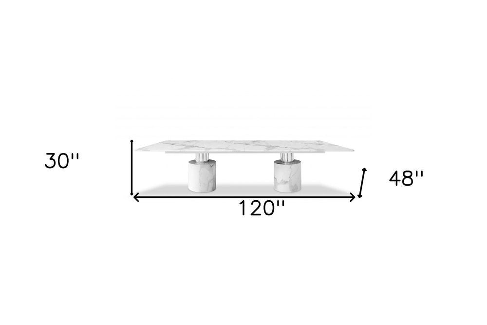 Belmont 120-inch white marble dining table with a stainless steel double pedestal base, additional view