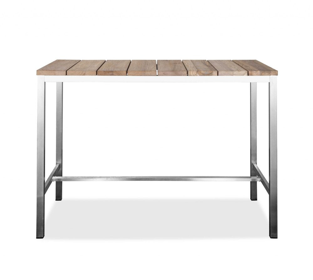 Ellis 55-inch dining table with a brown solid wood top on a silver stainless steel base, additional view