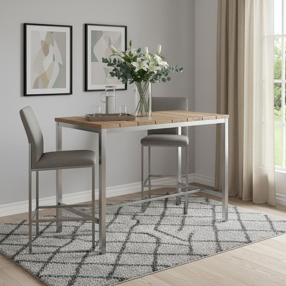 Ellis 55-inch dining table with a brown solid wood top on a silver stainless steel base