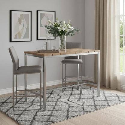 Ellis 55-inch dining table with a brown solid wood top on a silver stainless steel base