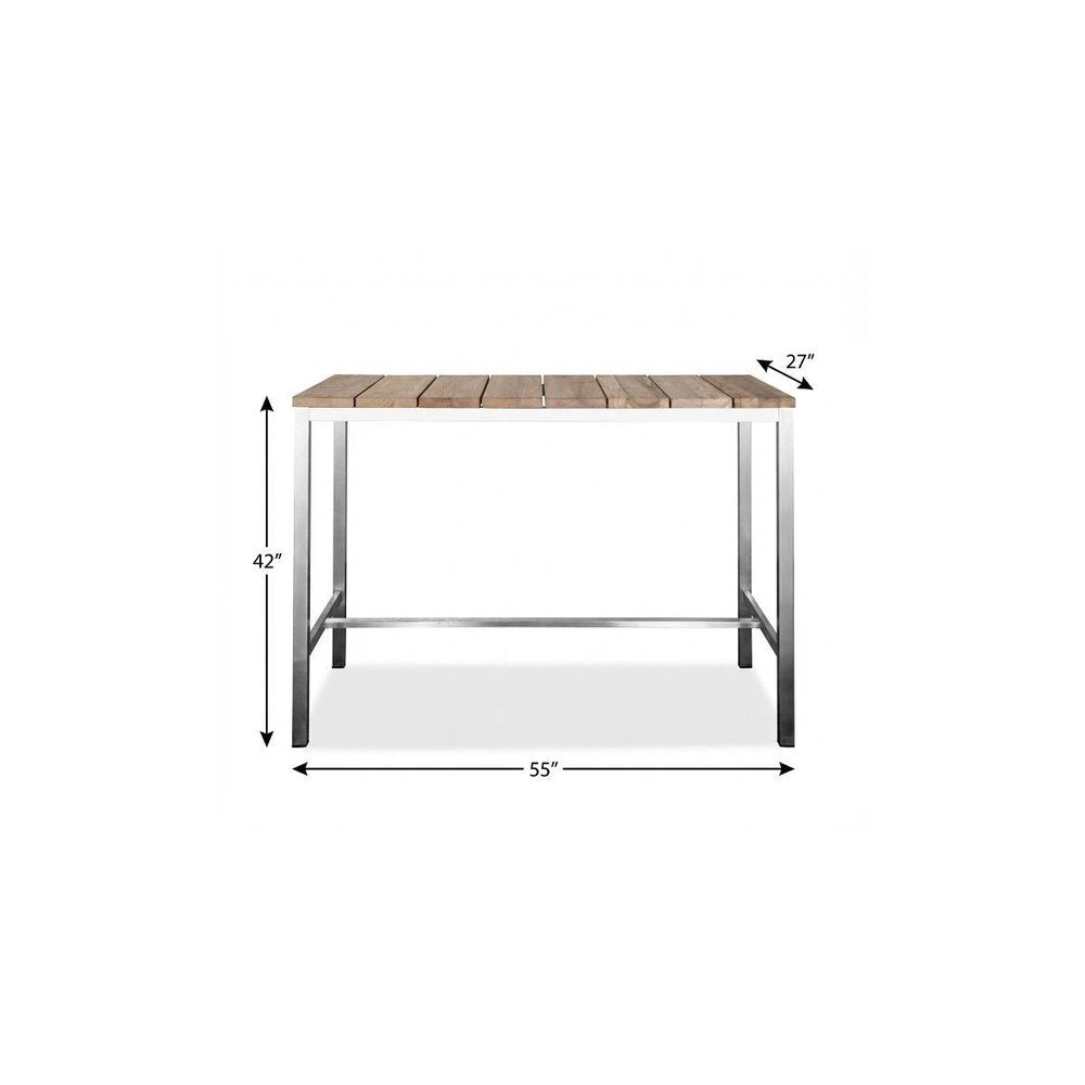 Ellis 55-inch dining table with a brown solid wood top on a silver stainless steel base, additional view